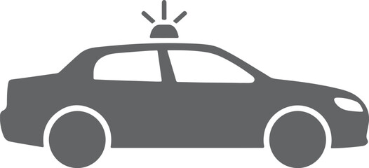 Simple dark gray silhouette of a police car with flashing lights on its roof on a white background Keywords © Tap77x