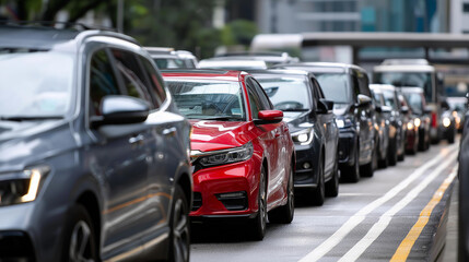 Car rush hours city street, cars on highway in traffic jam, urban congestion, peak commute time, metropolitan gridlock, vehicular standstill, transportation delay, with copy space