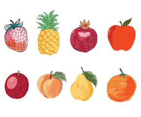 Fresh Strawberry, pineapple, pomegranate fruit, passion fruit, apple, peach fruit, pear fruit and orange fruit set. Fruit artwork for for t shirt and poster.
