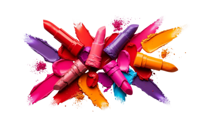 A vibrant array of colorful lipsticks and their swatches scattered  isolated on transparent background, png, showcasing diverse cosmetic shades.
