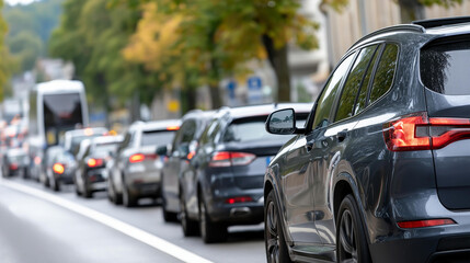 Strong car traffic jams in city, heavy urban congestion, metropolitan gridlock, severe vehicular standstill, downtown transportation backup, rush hour chaos, with copy space