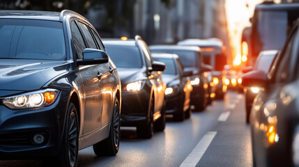 Fototapeta premium Strong car traffic jams in city, heavy urban congestion, metropolitan gridlock, severe vehicular standstill, downtown transportation backup, rush hour chaos, with copy space