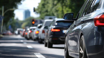 Naklejka premium Hot summer day on road landscape in traffic jam, urban view in traffic, warm weather congestion, seasonal gridlock, heated pavement standstill, sunny day vehicular backup, with copy space