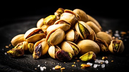 A Pile Of Light Brown Pistachios With Vibrant Green Kernels Scattered On A Dark Textured Surface With A Few Grains Of Salt