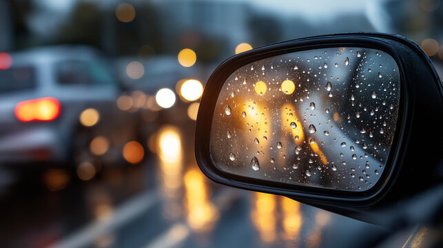 Reflective view from car's rear mirror capturing rainy evening traffic jam in city, enhanced by soft lighting and raindrops on glass, wet weather congestion perspective, with copy space