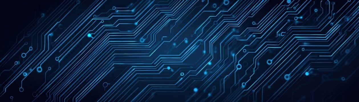 A digital abstract image showcasing a network of blue circuit lines against a dark background, representing technology and data flow.