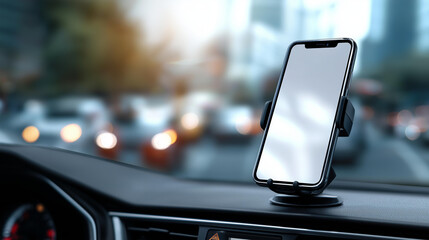 Modern smartphone device gadget mounted on phone holder at car dashboard, mockup white screen isolated template, vehicle interior cockpit view, traffic jam info app display, with copy space