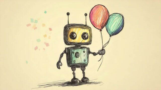 cute robot with birthday balloons sketch illustrated animation