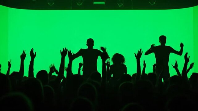 Crowd silhouette dancing at music festival, energetic club party vibe. green screen