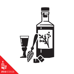 Absinthe bottle, glass and spoon vector symbol