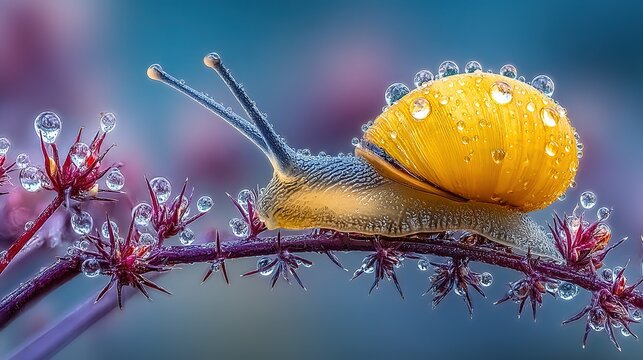 Shallow-DOF eco macro, yellow snail-shell highlights against purple-blue hydrangea, diffused daylight for NGO poster or sustainable brand cover