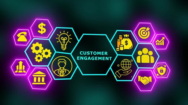 A neon customer-engagement concept displaying interaction icons, experience mapping, communication touchpoints, and relationship-building digital systems.