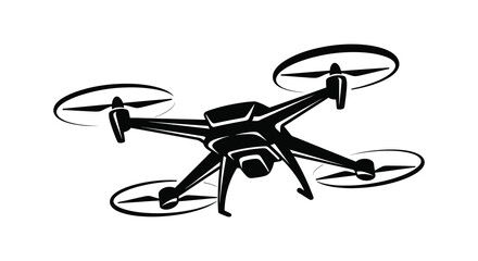 A sleek black quadcopter drone design with rotating propellers presented as a striking silhouette