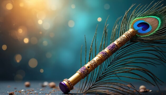 Ornate golden flute, peacock feather symbolize Lord Krishna. Bansuri, mor pankh represent Hindu deity music, spirituality. Elegant image for Indian culture Janmashtami festival religious tradition.