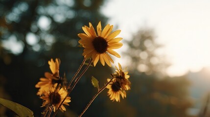 Sunlit sunflowers in serene natural landscape