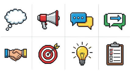 Pixel art communication icons collection: messages, ideas, and goals