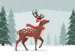 A majestic reindeer adorned with a Santa hat and a festive scarf walks through a snowy winter forest decorated with Christmas lights.