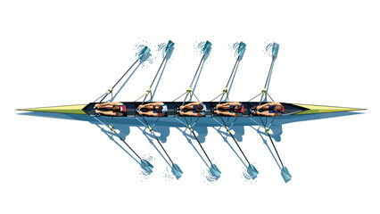 Team rowing on calm water in dynamic overhead view