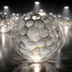 Abstract Futuristic Spheres With Geometric Cellular Structure Illuminated By Dramatic Spotlight Lighting On Reflective Surface
