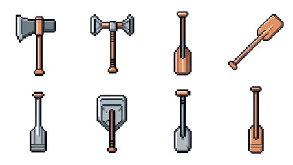 Obraz premium Pixel art axes and paddles collection in classic 8-bit style