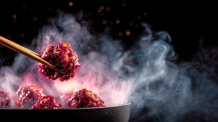 Smoky meatballs in dark with chopsticks