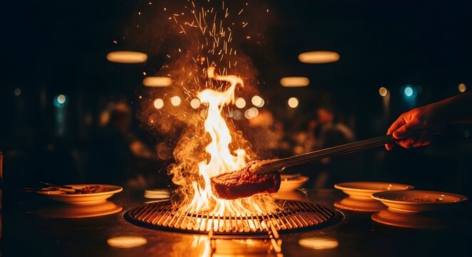 Sizzling steak on fire grill with chef's skilled hand holding tongs