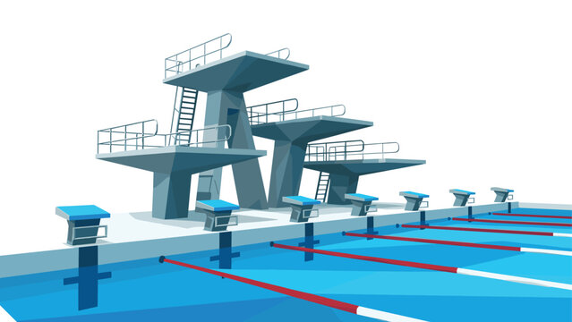 Olympic swimming pool with diving platforms and lanes in 3d style