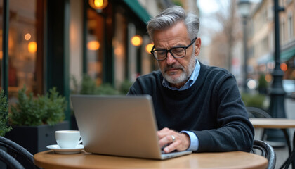 Mature man uses laptop in cafe. Drinks coffee working at notebook outdoors. Businessman types text on computer. Freelancer works distantly. Modern technology simplifies remote worker lifestyle.