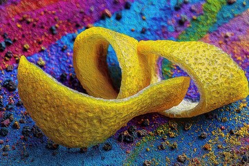 Abstract Golden Swirl Formed By Tiny Particles Against Colorful Textured Background With Depth Of Field