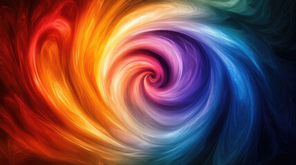 Abstract artwork displaying a vibrant rainbow-colored swirl, forming a dynamic, energetic vortex with a central spiral pattern and flowing light texture
