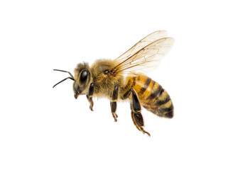 Closeup of a vibrant bee in flight showing yellow striped body and delicate wings. isolated on transparent background, png	