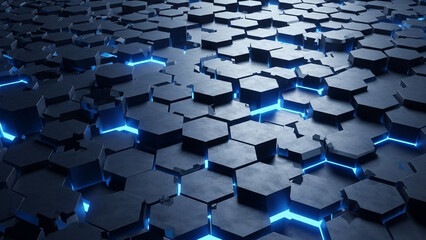 Fototapeta premium Stunning abstract dark hexagonal surface with vibrant glowing blue neon light accents creating a futuristic tech background