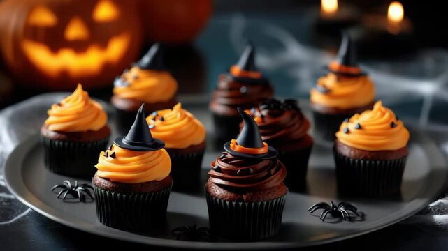 Halloween Themed Cupcakes on Gray Tray with Jack O Lantern in Background Featuring Orange Frosting and Black Witch Hats and Decorations with Spider Webs