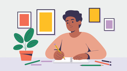 Smiling man writing in notebook at desk with colorful pencils