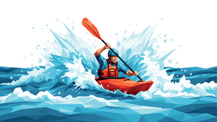 Fototapeta premium Dynamic low poly kayaker navigating splashing waves in vibrant geometric style
