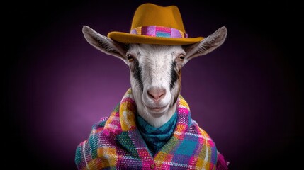 Goat in colorful outfit hat purple background