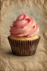 Vintage watercolor illustration of cupcake with pink frosting, hand painted bakery dessert on textured antique paper background, retro sweet food art