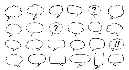 Collection of hand-drawn sketch style speech and thought bubbles with punctuation marks for comic book dialogue and web chats.
