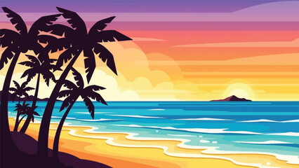 Obraz premium Vibrant tropical beach scene with silhouetted palm trees against a colorful sunset and calm ocean waves on a serene shore.