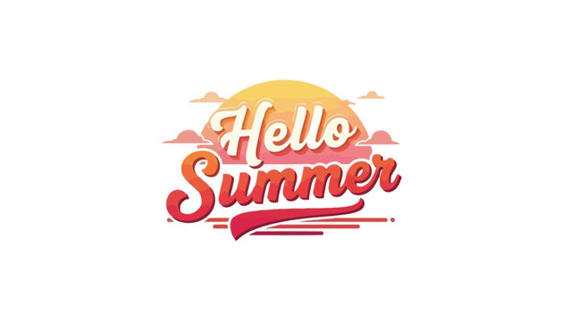 Graphic illustration of 'Hello Summer' text with stylized sun and clouds on a white background. - Powered by Adobe