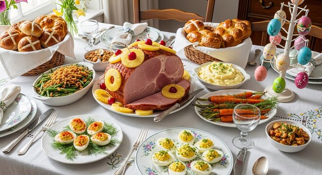 Festive Easter Feast: A beautifully arranged table, laden with a delicious array of traditional Easter dishes. capturing the essence of togetherness and the vibrant colors of spring.