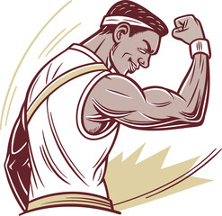 Smiling Cartoon Bodybuilder Mascot Flexing Biceps, Happy Fitness Character Vector