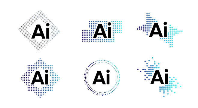 Modern ai logo design with various geometric shapes and patterns in blue and white color scheme