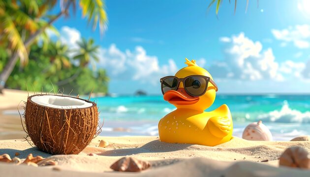 Sunny beach scene featuring a rubber ducky, coconut and ocean backdrop