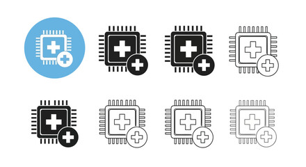 Set of medical icons featuring a plus sign inside a square, representing healthcare, medicine, and technology concepts