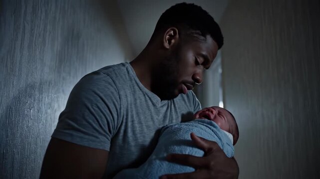In the stillness of night, a devoted father cradles his newborn in a softly lit hallway. Each gentle movement expresses love and tenderness, creating a heartfelt bond.