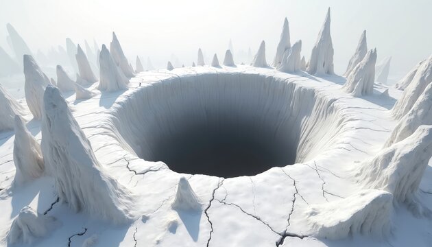 Surreal white wasteland with huge black abyss. Tiny person stands on edge of giant hole. Cracked earth, sharp rocks create desolate apocalyptic future. Concept for alien world, inner emptiness