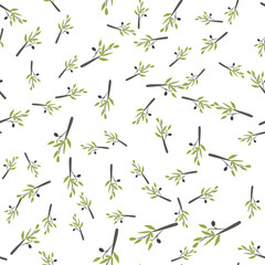Seamless olive branches pattern in flat minimalistic style. Repeating botanical background with olive leaves and olives, designed as a clean modern vector pattern
