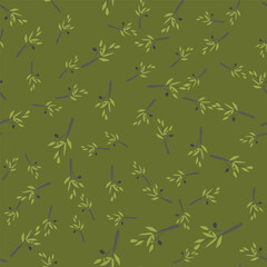 Seamless olive branches pattern in flat minimalistic style. Repeating botanical background with olive leaves and olives, designed as a clean modern vector pattern