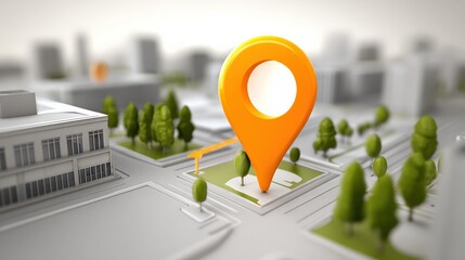 A 3D illustration featuring a large orange location pin in an urban environment with stylized buildings and trees.